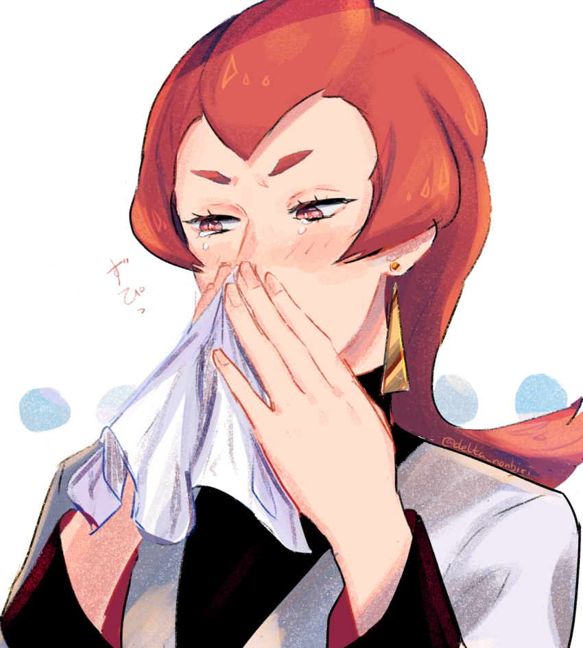 ariana_(pokemon) blowing_nose blush commentary_request crying delta_nonbiri earrings eyelashes female hands_up highres holding jacket jewelry long_hair long_sleeves orange_hair pokemon pokemon_hgss sad solo team_rocket team_rocket_uniform tears tissue upper_body white_jacket