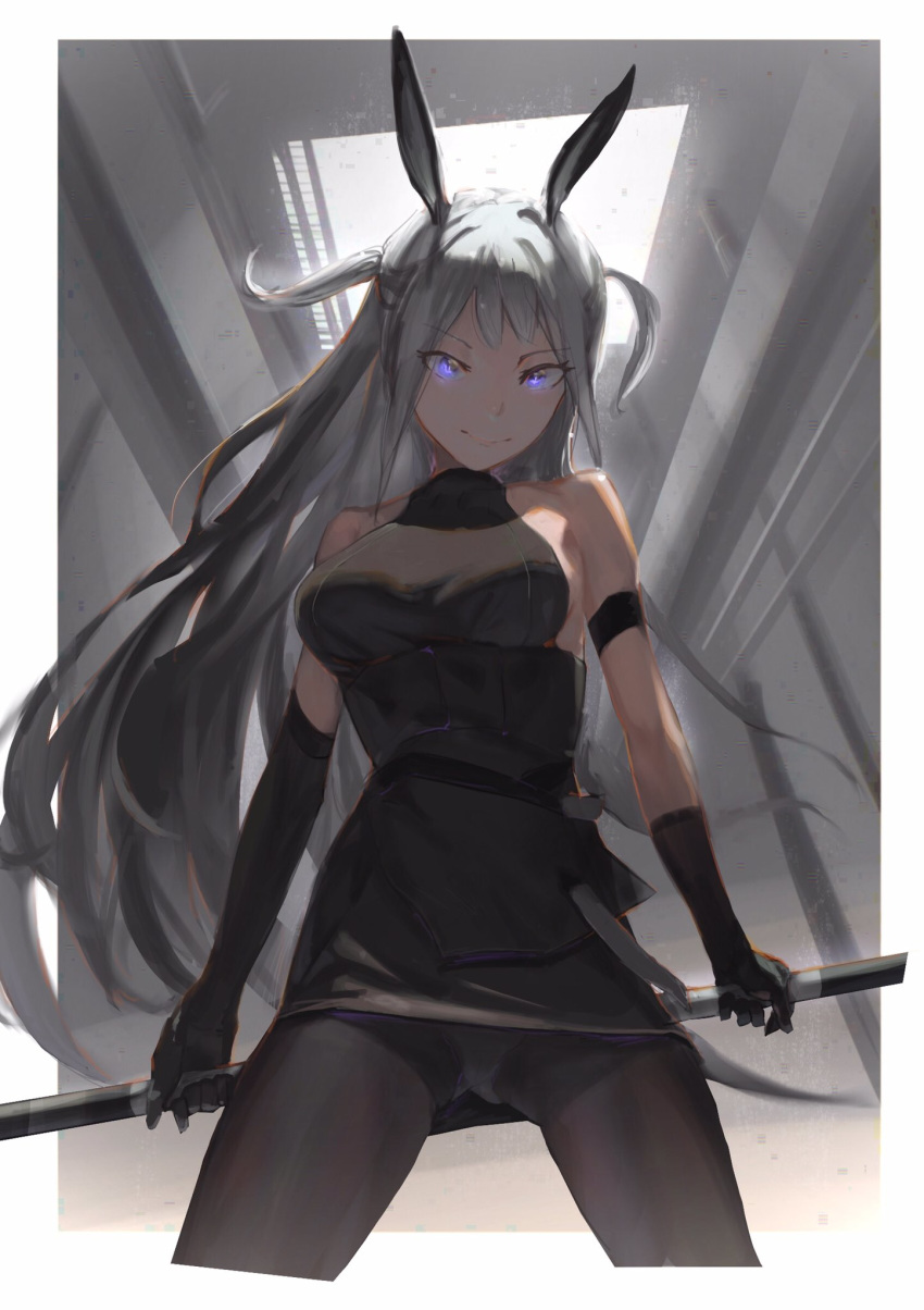 animal_ears arknights black_gloves black_pantyhose black_shirt black_skirt elbow_gloves female gloves grey_hair had_(had314) hammer highres holding holding_hammer holding_weapon long_hair looking_at_viewer miniskirt panties panties_under_pantyhose pantyhose pantyshot purple_eyes rabbit_ears savage_(arknights) shirt skirt sledgehammer sleeveless sleeveless_shirt solo two_side_up underwear weapon white_panties