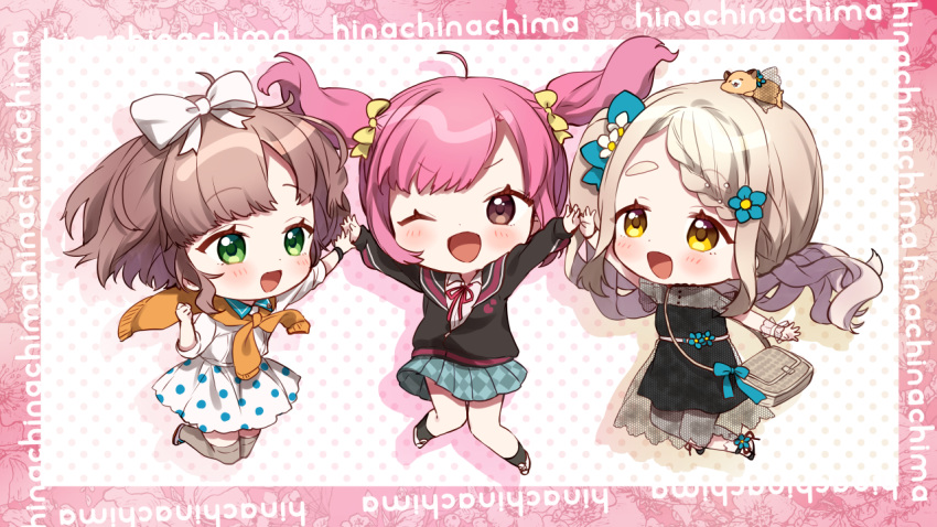 3girls :d ;d achikita_chinami ahoge animal_on_head asuka_hina bad_id bad_pixiv_id bag black_dress black_footwear black_jacket black_legwear blue_bow blue_flower blue_sailor_collar bow braid brown_eyes brown_hair brown_legwear chibi clothes_lift collared_shirt commentary_request dress dress_shirt floral_background flower gonzalez_(machita_chima) green_eyes hair_flower hair_ornament hairbow hamster jacket jacket_around_neck light_brown_hair long_hair long_sleeves looking_at_viewer machita_chima machita_chima_(2nd_costume) multiple_girls neck_ribbon nijisanji on_head one_eye_closed open_mouth pink_hair polka_dot polka_dot_background polka_dot_skirt red_ribbon ribbon sailor_collar see-through shirt shirt_lift shoes short_sleeves shoulder_bag skirt sleeves_past_wrists smile socks sweater_around_neck swept_bangs thick_eyebrows thighhighs twintails v-shaped_eyebrows very_long_hair virtual_youtuber white_bow white_flower white_footwear white_shirt white_skirt wrist_cuffs yamabukiiro yellow_bow yellow_eyes