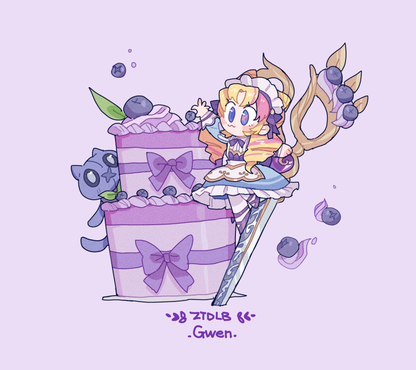 :3 blonde_hair bow bowtie cafe_cuties_(league_of_legends) cafe_cuties_gwen cake character_name chibi dress female food frilled_dress frills fruit gwen_(league_of_legends) highres league_of_legends long_hair long_sleeves maid_headdress multicolored_clothes multicolored_dress multicolored_hair official_alternate_costume pantyhose pink_hair purple_bow shoes solo stuffed_toy two-tone_hair ztdlb