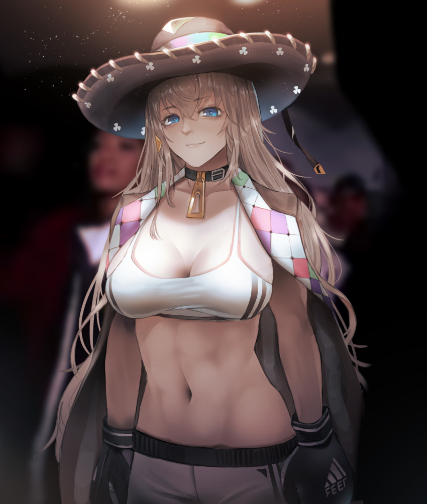 abs bikini_bridge blue_eyes boxing_gloves breasts choker cleavage commentary_request female fx-05_(girls'_frontline) girls'_frontline greatspirite hat highres korean_commentary large_breasts light_brown_hair long_hair navel shorts solo sombrero very_long_hair