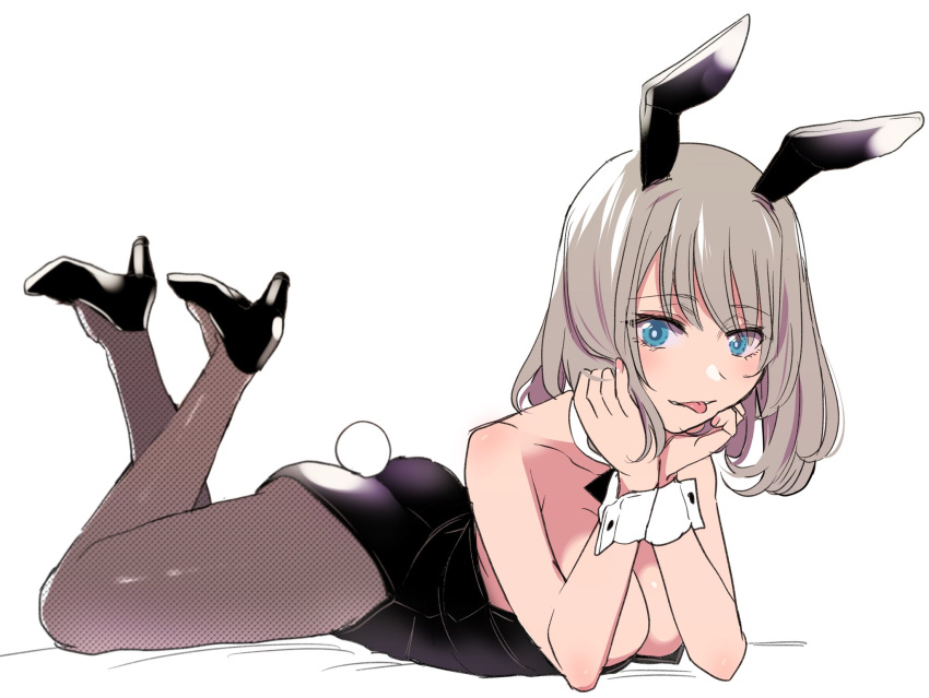 animal_ears azu_(azu401) bad_id bad_twitter_id black_footwear black_leotard blue_eyes breasts cleavage detached_collar detached_sleeves fake_animal_ears female fishnet_pantyhose fishnets grey_hair hand_on_own_cheek hand_on_own_face highres leotard looking_at_viewer lying oerba_yun_fang on_stomach pantyhose playboy_bunny rabbit_ears short_hair solo tejina_senpai tejina_senpai_(series) tongue tongue_out