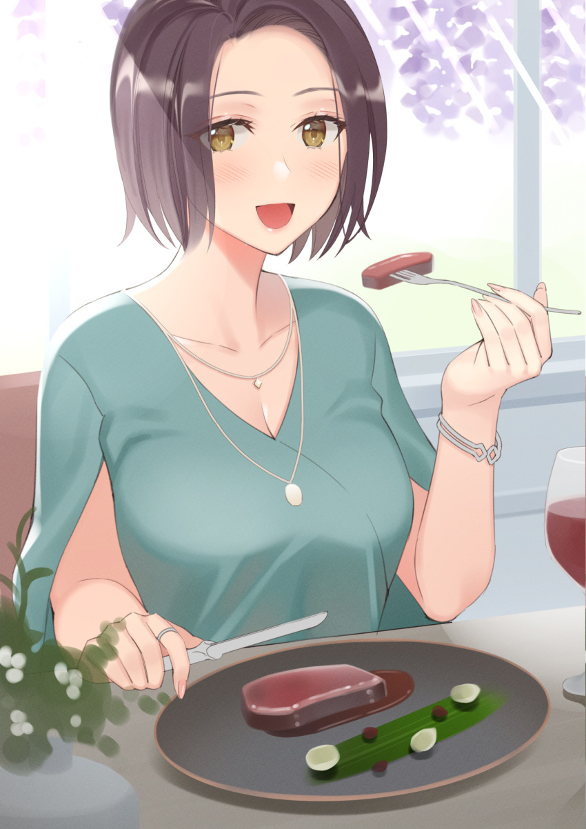 :d alcohol black_hair blush bracelet breasts cleavage collarbone cup drinking_glass female food fork green_shirt highres indoors jewelry kitazawa_(embers) looking_at_viewer md5_mismatch medium_breasts nail_polish necklace open_mouth original plant plate potted_plant red_wine resolution_mismatch ring sauce shirt short_hair smile solo source_smaller steak sunlight upper_body v-neck window wine wine_glass yellow_eyes