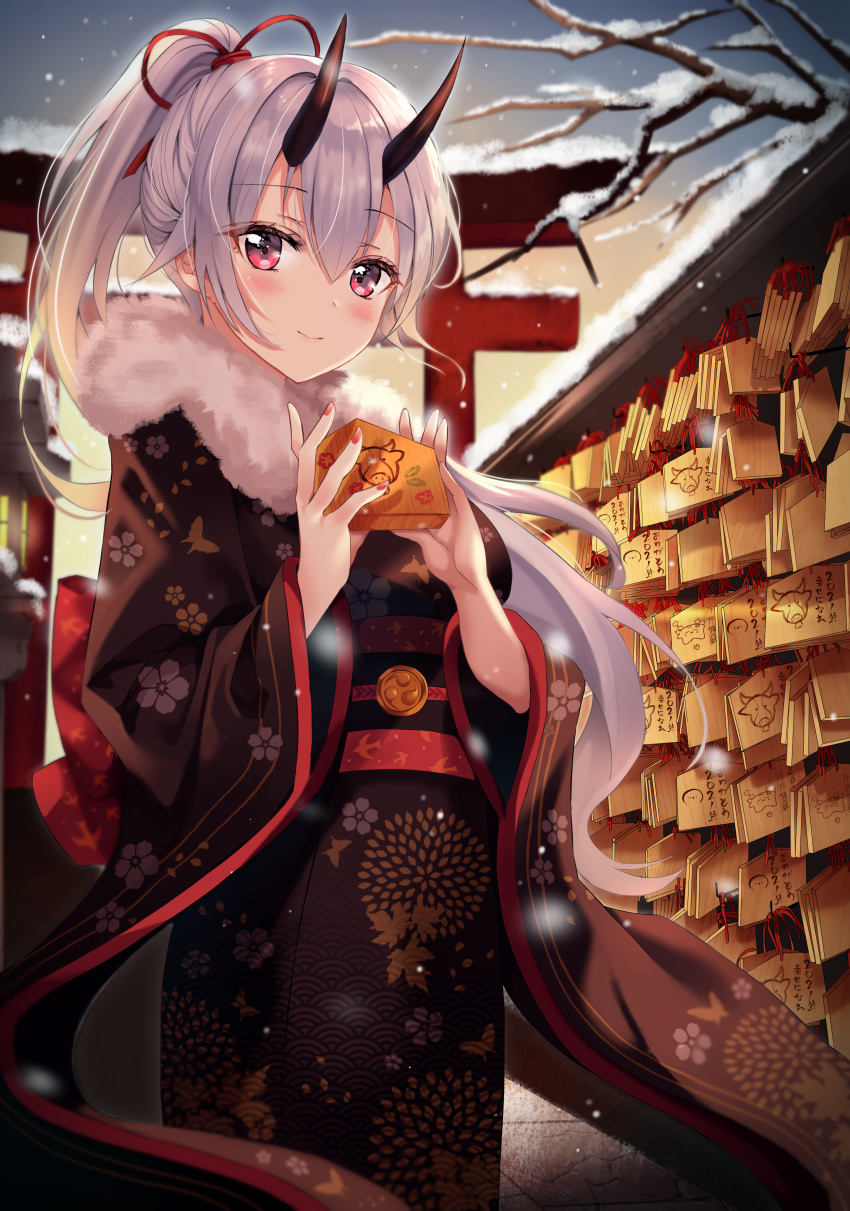 2021 absurdres bad_id bad_pixiv_id bare_tree black_kimono blush cherry_blossom_print chinese_zodiac closed_mouth cowboy_shot day ema fate/grand_order fate_(series) female fingernails floral_print fur_collar furisode hair_ribbon high_ponytail highres holding horns japanese_clothes kimono long_hair long_sleeves looking_at_viewer mitsudomoe_(shape) nail_polish new_year obi outdoors pink_eyes print_kimono red_nails red_ribbon revision ribbon sash seigaiha shaffelli smile snow solo tomoe_(symbol) tomoe_gozen_(fate) torii tree very_long_hair white_hair wide_sleeves winter year_of_the_ox yukata