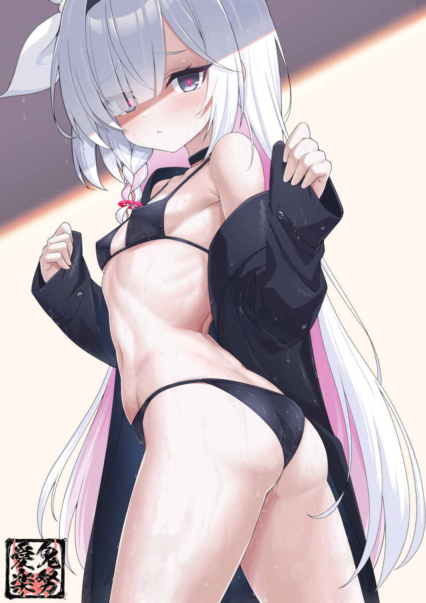 arms_up ass bikini bikini_under_clothes black_bikini black_coat blue_archive blush bow braid breasts coat expressionless female from_behind glowing glowing_eyes grey_eyes hair_over_one_eye hairband hairbow highres kido_airaku long_hair looking_at_viewer looking_back micro_bikini navel off_shoulder open_clothes open_coat plana_(blue_archive) ribbon sleeves_past_wrists small_breasts solo swimsuit swimsuit_under_clothes thighs very_long_hair wet wet_bikini wet_clothes white_hair