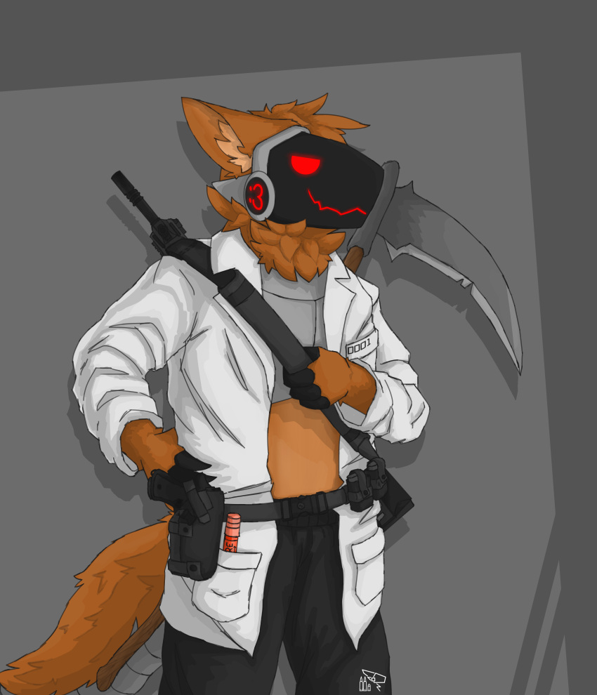 0001_(character) absurd_res anthro assault_rifle binarus clothing coat gun handgun hi_res lab_coat machine male melee_weapon pistol pistol_holster polearm protogen ranged_weapon rifle scythe solo topwear weapon