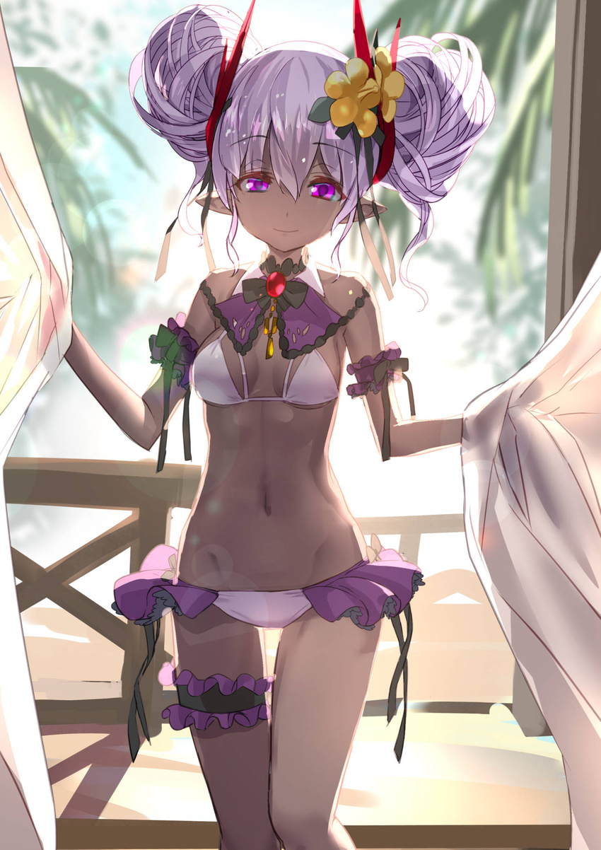 adachi_yousuke bikini breasts curtain_grab curtains dark-skinned_female dark_skin double_bun female flower hair_bun hair_flower hair_ornament highres midriff navel pointy_ears purple_eyes purple_hair puzzle_&_dragons small_breasts smile solo swimsuit veroah_(p&d) wavy_hair