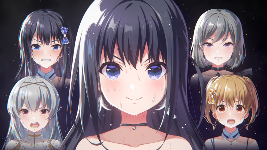 5girls black_background black_hair blonde_hair blush bow choker clenched_teeth close-up collar collarbone detached_collar dripping earrings flying_sweatdrops frown grey_hair grin hair_between_eyes hairband hairbow highres idoly_pride jewelry kanzaki_rio kawasaki_sakura_(idoly_pride) long_hair looking_ahead looking_at_viewer messy_hair multiple_girls nagase_kotono nagase_mana necklace official_art open_mouth orange_eyes purple_eyes serious smile sweat teeth tendou_rui twintails uniform very_sweaty wet