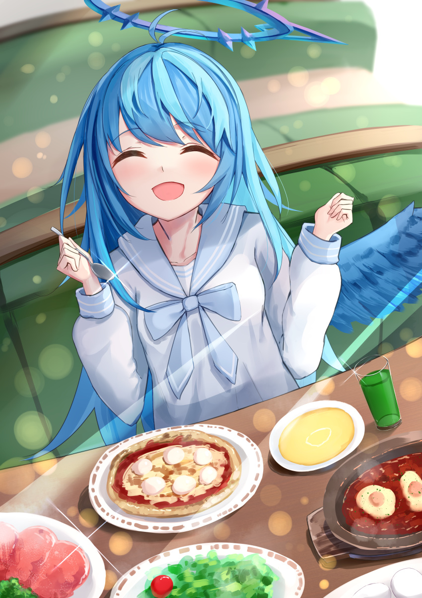 :d ^_^ absurdres akinakesu-chan antenna_hair blue_bow blue_hair blue_sailor_collar blue_wings blush booth_seating bow closed_eyes commentary commission couch english_commentary facing_viewer feathered_wings female food glint halo hands_up highres holding holding_spoon long_hair long_sleeves on_couch original pizza plate puffy_long_sleeves puffy_sleeves restaurant romaji_commentary sailor_collar saizeriya salad school_uniform serafuku shirt single_wing sitting smile solo spoon table very_long_hair white_shirt wings