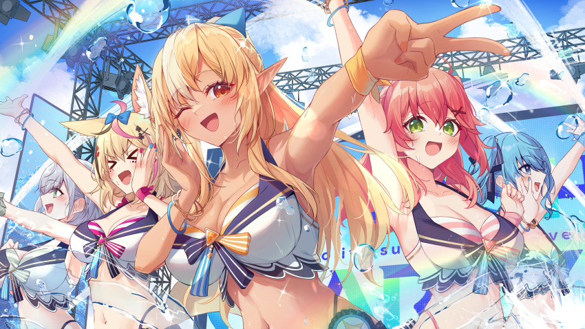 5girls absurdres animal_ears arm_up armpits bikini blonde_hair blue_hair blush bracelet breasts cleavage commentary dark-skinned_female dark_skin english_commentary fox_ears fox_girl fox_tail front-tie_bikini_top front-tie_top gradient_hair highleg highleg_bikini highres hololive hololive_summer_2023_swimsuit hoshimachi_suisei jewelry large_breasts layered_bikini long_hair looking_at_viewer multicolored_hair multiple_girls music nail_polish official_alternate_costume omaru_polka orange_nails pink_hair ribbon sakura_miko shiranui_flare shiranui_kensetsu shirogane_noel sidelocks singing stage striped_bikini striped_clothes summer sweat swimsuit tail tang-du very_sweaty virtual_youtuber wrist_ribbon