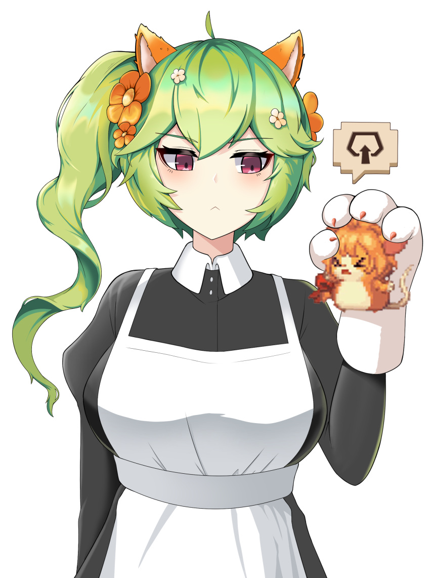 2girls :< absurdres ahoge animal_ears animal_hands apron bails cat_paws crossed_bangs eight-tailed_fox_nari expressionless fake_animal_ears flower green_hair guardian_tales hair_flower hair_ornament highres holding korean_commentary looking_at_another maid maid_apron mayreel_(guardian_tales) multiple_girls official_alternate_costume pink_eyes pixel_art ponytail upper_body white_background