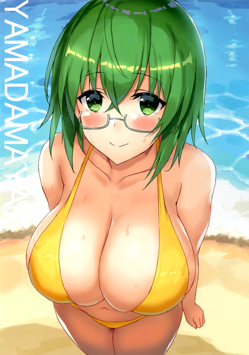 absurdres bare_arms bare_legs bare_shoulders beach bikini blush breasts character_name cleavage closed_mouth cowboy_shot day female from_above glasses green_eyes green_hair hair_between_eyes highres huge_breasts incredibly_absurdres infinite_stratos leaning_forward legs_together looking_at_viewer navel ocean outdoors sand scan semi-rimless_eyewear shibayuki short_hair smile solo standing sweat swimsuit thighs water yamada_maya_(infinite_stratos) yellow_bikini