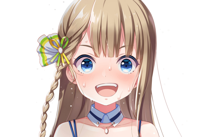 blonde_hair blue_eyes blush braid close-up collar collarbone cut_bangs detached_collar dripping female flying_sweatdrops hair_ornament highres idoly_pride long_hair looking_ahead looking_at_viewer loose_hair_strand narumiya_suzu non-web_source official_art open_mouth smile strap sweat teeth transparent_background upper_teeth_only very_sweaty