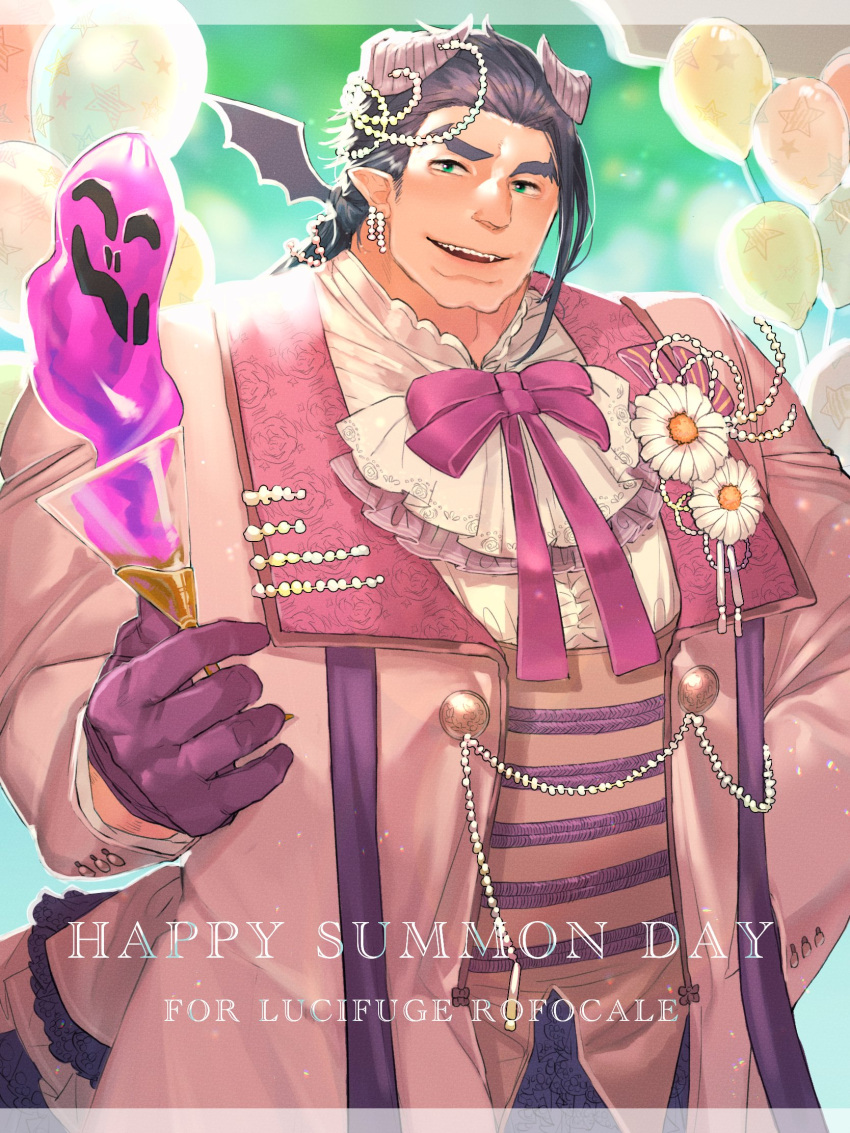 1boy ascot balloon bara bat_wings beads blush border bow commentary_request daisy english_text fangs fangs_out flower formal glass gloves green_background green_eyes highres horns liquid long_hair lucifuge_(housamo) male_focus muscular muscular_male open_mouth pink_bow pink_suit purple_gloves purple_hair shiratori_yokikana smile solo suit thick_eyebrows tokyo_afterschool_summoners transparent_border upper_body white_border wings