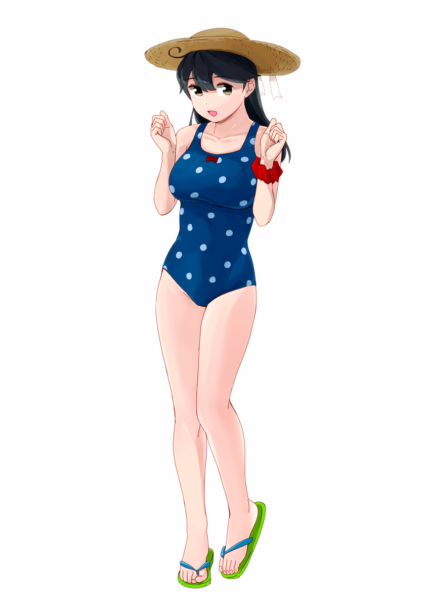 ahoge black_hair blue_one-piece_swimsuit breasts brown_eyes female flip-flops full_body hair_ribbon hat highres kantai_collection large_breasts long_hair ojipon one-piece_swimsuit open_mouth polka_dot polka_dot_swimsuit ribbon sandals scrunchie simple_background solo swimsuit ushio_(kancolle) ushio_(swimsuit_mode)_(kancolle) white_background wrist_scrunchie