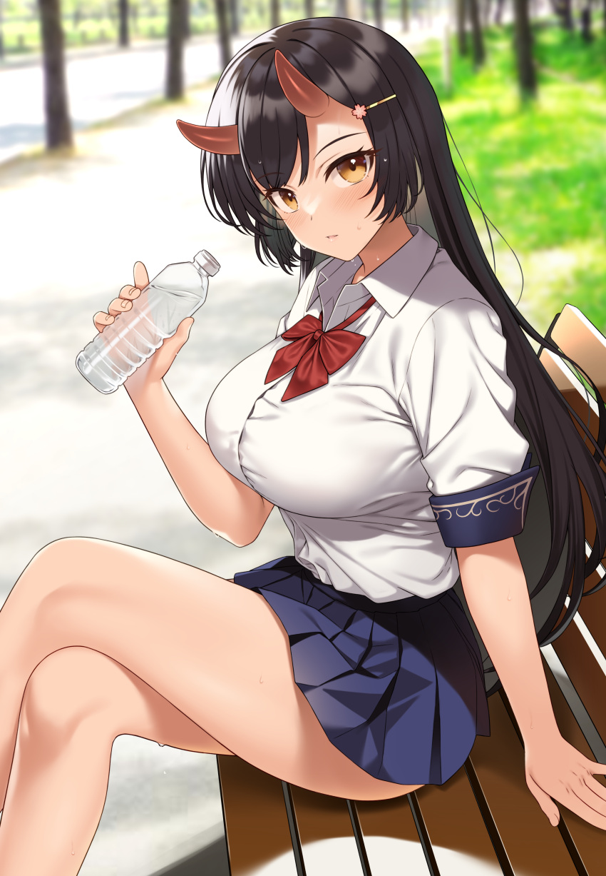 absurdres bench black_hair blue_skirt blurry blurry_background bottle bow bowtie breasts closed_mouth collared_shirt commentary_request commission crossed_legs day enjo_kouhai feet_out_of_frame female hair_ornament hairclip hand_up highres holding holding_bottle horns large_breasts long_hair looking_at_viewer miniskirt oni origamine_ouka outdoors pleated_skirt red_bow red_bowtie school_uniform shirt shirt_tucked_in short_sleeves sitting skeb_commission skin-covered_horns skirt solo takunomi taut_clothes taut_shirt thighs tree water_bottle wet white_shirt wing_collar yellow_eyes