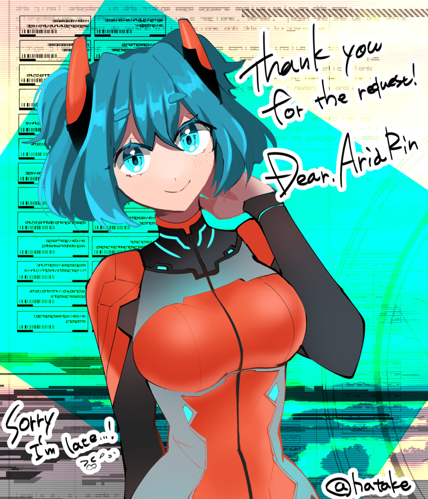 aria_rin blue_eyes blue_hair bodysuit breasts commission commissioner_upload hatake highres horns indie_virtual_youtuber medium_breasts non-web_source pilot_suit plugsuit science_fiction short_hair skeb_commission smile thick_eyebrows virtual_youtuber