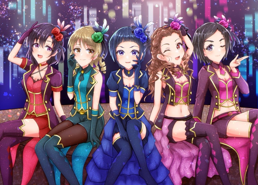 5girls :d april_fools collarbone cosplay crop_top crossed_legs feet_out_of_frame flower gloves hair_flower hair_ornament heruhiwe_(ymw_hel) idol idolmaster idolmaster_cinderella_girls lipps_(idolmaster) looking_at_viewer matsuo_chizuru morikubo_nono multiple_girls navel okazaki_yasuha one_eye_closed seki_hiromi shiragiku_hotaru sleeveless sleeveless_jacket smile thighhighs