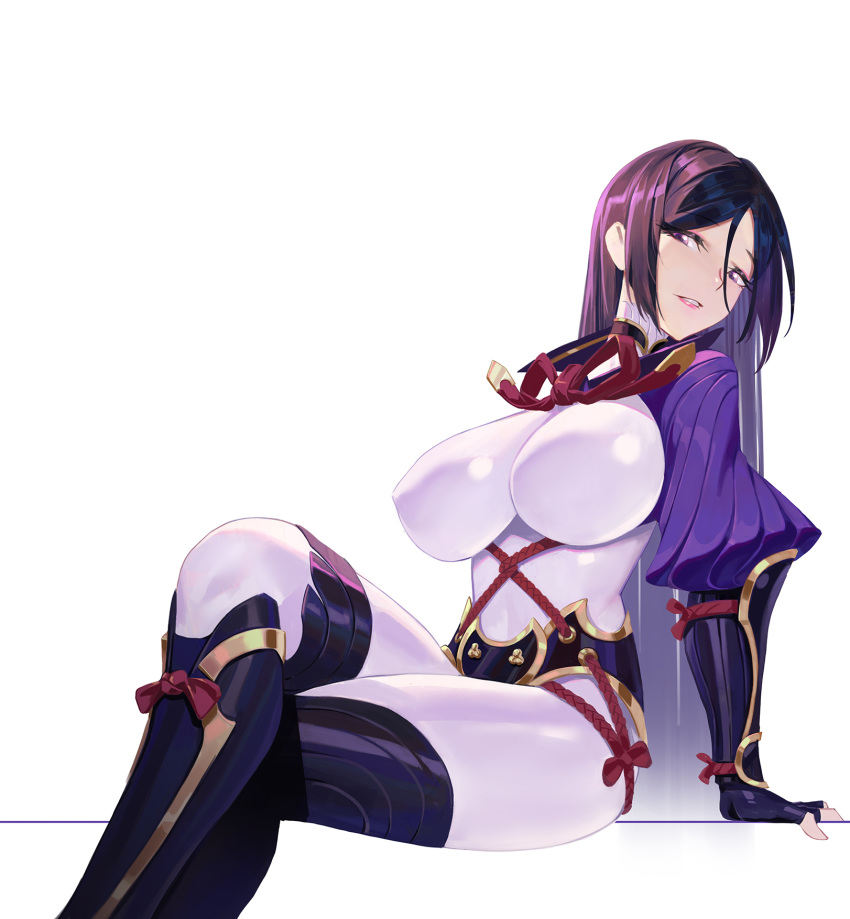 arm_guards bad_id bad_pixiv_id black_gloves bodysuit breasts elbow_gloves fate/grand_order fate_(series) female fingerless_gloves gloves highres huang_(volt0526) large_breasts long_hair looking_at_viewer minamoto_no_raikou_(fate) parted_bangs photoshop_(medium) purple_bodysuit purple_eyes purple_hair ribbed_sleeves rope simple_background sitting smile solo thighs very_long_hair white_background