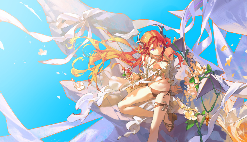 absurdres arknights female flower food highres horns ice_cream long_hair navel purple_eyes red_hair sandals sitting sundae surtr's_golem_(arknights) surtr_(arknights) surtr_(colorful_wonderland)_(arknights) swimsuit wushier