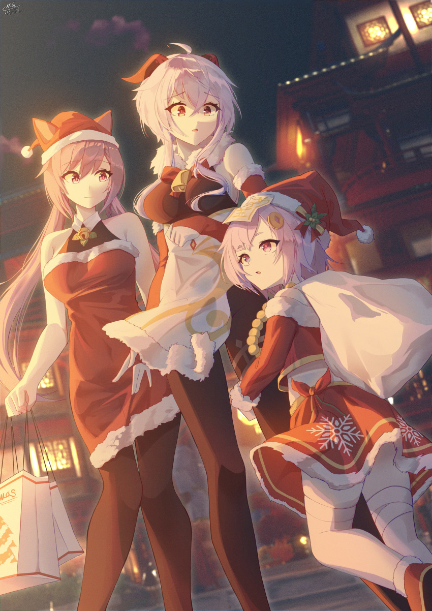 3girls absurdres architecture bag bare_shoulders bead_necklace beads bell breasts building christmas collar cone_hair_bun dress east_asian_architecture ganyu_(genshin_impact) genshin_impact hair_between_eyes hair_bun hat hat_ribbon highres holding holding_bag holding_sack holly jewelry keqing_(genshin_impact) large_breasts long_hair looking_at_another looking_to_the_side magica multiple_girls neck_bell neck_ribbon necklace night night_sky outdoors pantyhose pelvic_curtain purple_eyes purple_hair qiqi_(genshin_impact) red_ribbon ribbon sack santa_costume santa_dress santa_hat short_hair sky snowflake_print thighhighs