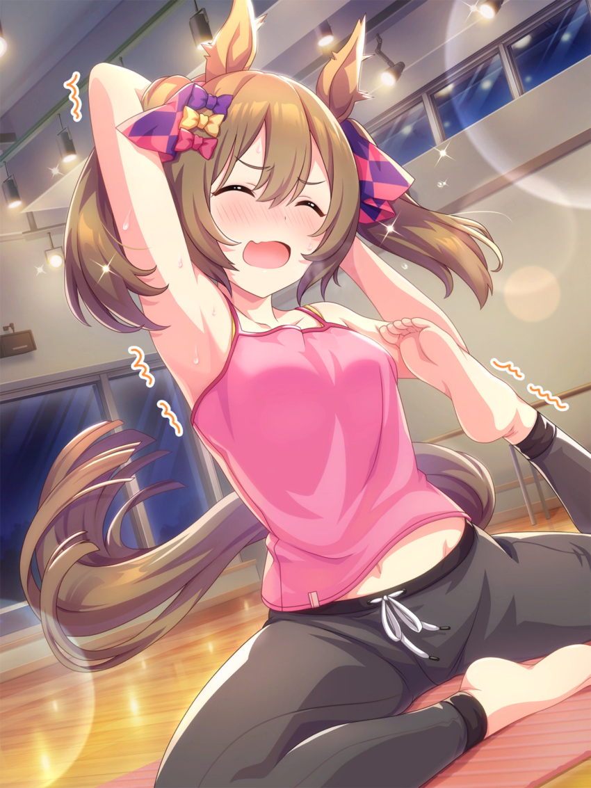 ^_^ absurdres animal_ears armpits arms_behind_head arms_up bad_link barefoot black_pants blush breasts brown_hair camisole closed_eyes collarbone drawstring dutch_angle feet female frown game_cg groin hair_ornament hair_ribbon highres horse_ears horse_girl horse_tail indoors lens_flare medium_hair midriff midriff_peek navel oerba_yun_fang official_art on_floor open_mouth pants pigeon_pose pink_camisole pink_ribbon ribbon sitting skin_fang small_breasts smart_falcon_(just_in_time!?_uma<3dol)_(umamusume) smart_falcon_(umamusume) soles solo sparkle stretching sweat sweatdrop tail toes trembling twintails umamusume water_drop window wooden_floor yoga yoga_mat yoga_pants