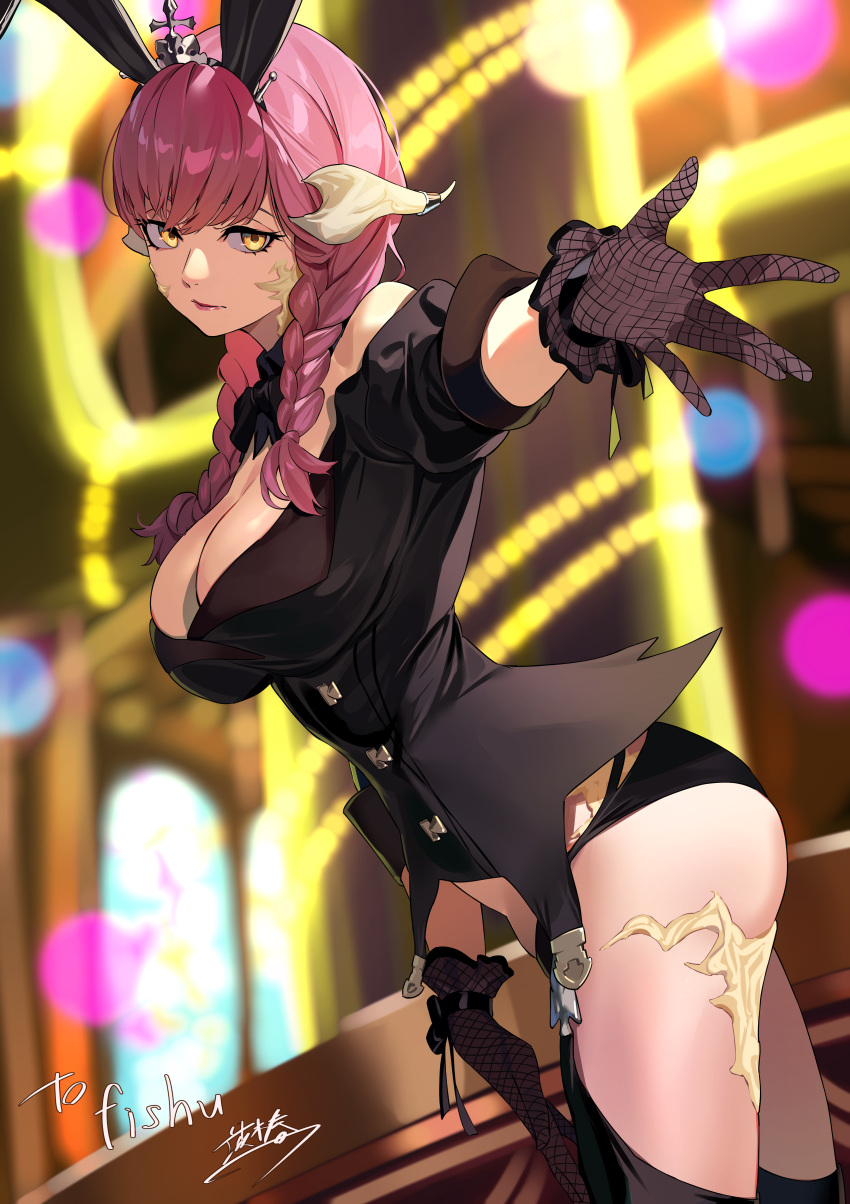 absurdres animal_ears au_ra black_gloves black_panties black_thighhighs blurry blurry_background braid breasts cleavage commission detached_collar dragon_horns dutch_angle fake_animal_ears female final_fantasy final_fantasy_xiv from_side gloves highres horns ibaraki_shun large_breasts long_hair looking_at_viewer original panties pink_hair rabbit_ears scales skeb_commission solo strapless thighhighs twin_braids underwear warrior_of_light_(ff14) yellow_eyes