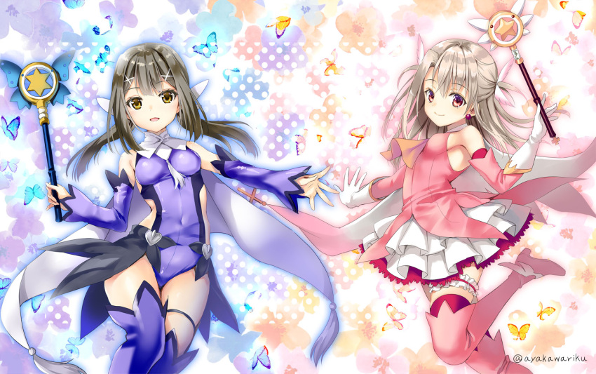 2girls ayakawa_riku black_hair boots breasts bridal_garter brown_eyes bug butterfly commentary_request covered_navel dress fate/kaleid_liner_prisma_illya fate_(series) gloves grey_hair holding holding_wand illyasviel_von_einzbern kaleidostick leotard low_twintails magical_girl magical_ruby magical_sapphire miyu_edelfelt multiple_girls open_mouth pink_dress pink_eyes pink_footwear prisma_illya purple_legwear purple_leotard red_legwear signature small_breasts smile thigh_boots thighhighs twintails twitter_username wand white_gloves