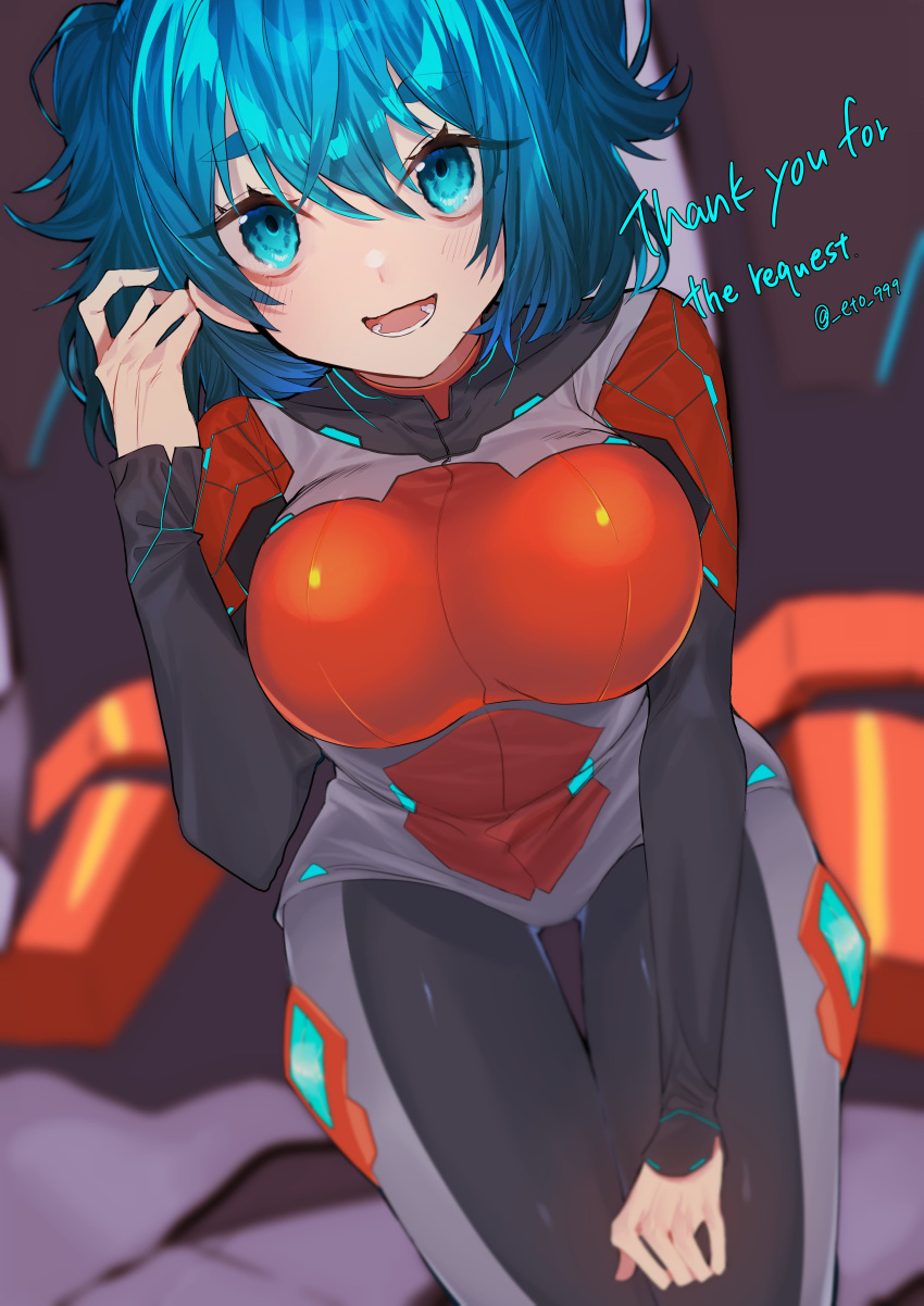 absurdres aria_rin bags_under_eyes blue_eyes blue_hair bodysuit breasts commentary_request commission etou_(_eto_999) highres indie_virtual_youtuber large_breasts pilot_suit plugsuit protected_link science_fiction short_hair skeb_commission smile thick_eyebrows thighs virtual_youtuber