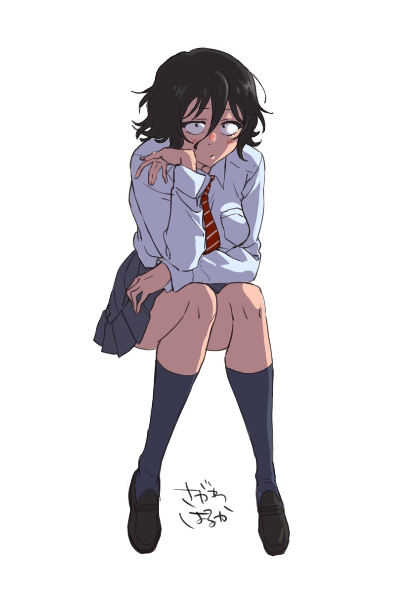 arm_on_thigh asai_akira black_eyes black_hair black_socks blush brown_footwear female grey_skirt hair_between_eyes hand_on_own_cheek hand_on_own_face highres long_sleeves medium_hair necktie red_necktie sagawa_haruka sanpaku school_uniform shirt sitting skirt socks solo striped_necktie white_shirt yofukashi_no_uta