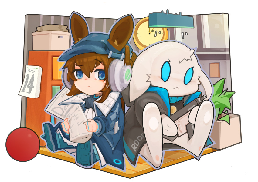 :< absurdres amiya_(arknights) amiya_(newsgirl)_(arknights) animal_ears arknights ascot ball blue_ascot blue_coat blue_eyes blue_footwear blue_hat brown_hair calendar_(object) chibi choshanland_plushy_(arknights) clock coat commentary ears_through_headwear female gun hair_between_eyes hat headphones highres holding holding_gun holding_newspaper holding_weapon implied_extra_ears jewelry jumbowhopper lamp long_hair looking_at_viewer multiple_rings newspaper official_alternate_costume plant potted_plant rabbit_ears raised_eyebrow ring shirt sitting solo stuffed_animal stuffed_rabbit stuffed_toy weapon white_shirt