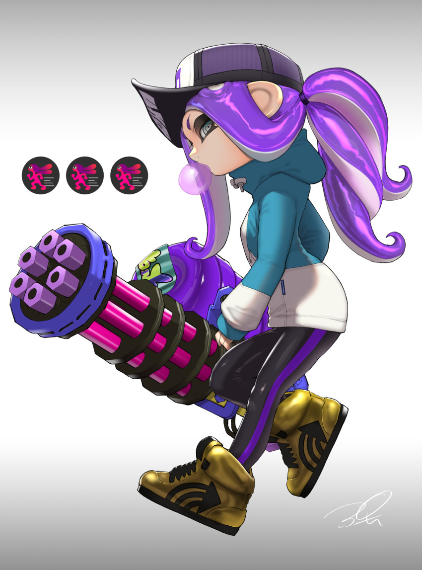 artist_name baseball_cap black_hat black_leggings blowing_bubbles blue_jacket chewing_gum commentary female from_side gameplay_mechanics gradient_background grey_background grey_eyes gun hair_tie half-closed_eyes hat heavy_splatling_(splatoon) high_tops highres holding holding_gun holding_weapon hood hoodie jacket leggings long_sleeves looking_at_viewer octoling octoling_girl octoling_player_character ponytail puchiman purple_hair shoes signature single_vertical_stripe sneakers solo splatoon_(series) splatoon_2 standing suction_cups tentacle_hair walking weapon yellow_footwear