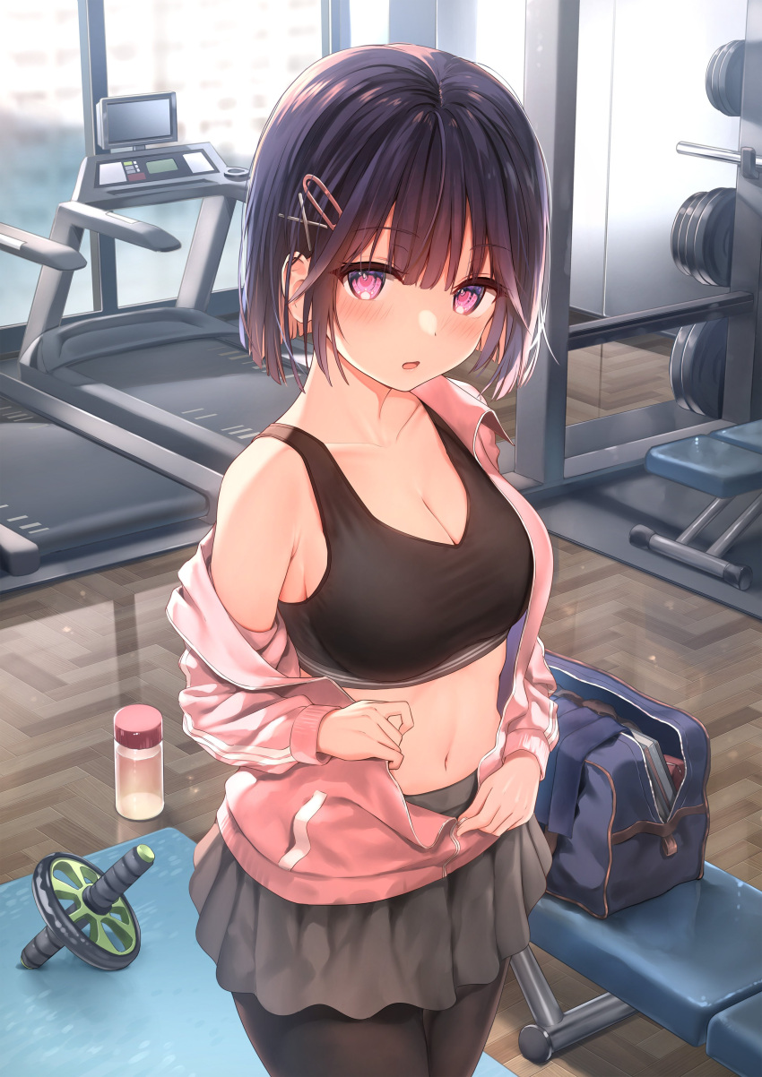 :o absurdres bag bare_shoulders bench black_hair black_leggings black_sports_bra blunt_bangs bob_cut bottle breasts cleavage collarbone commentary_request crop_top duffel_bag female grey_skirt gym hair_ornament hairclip hasegawa_yukina herringbone highres indoors jacket large_breasts leggings lingerie_girl_wo_okini_mesu_mama looking_at_viewer midriff navel open_mouth original pink_jacket pleated_skirt power_rack purple_eyes reflective_floor second-party_source skirt solo sports_bra sune_(mugendai) treadmill water_bottle weight_bench window wooden_floor x_hair_ornament yoga_mat