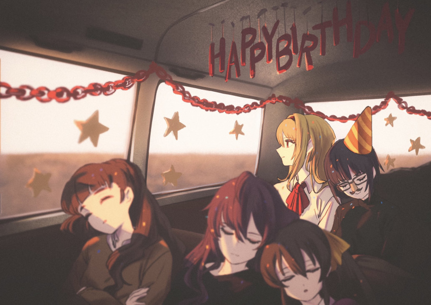 5girls ascot black_shirt blonde_hair blunt_bangs brown_hair bus bus_interior closed_eyes commentary_request deg_(deguana) english_text facial_hair glasses hair_between_eyes happy_birthday hat highres horizon ichinose_shiki idolmaster idolmaster_cinderella_girls kamiya_nao kurosaki_chitose matoba_risa motor_vehicle moustache multiple_girls paper_chain party_hat profile red_ascot shirayuki_chiyo shirt sleeping star_(symbol) white_shirt window