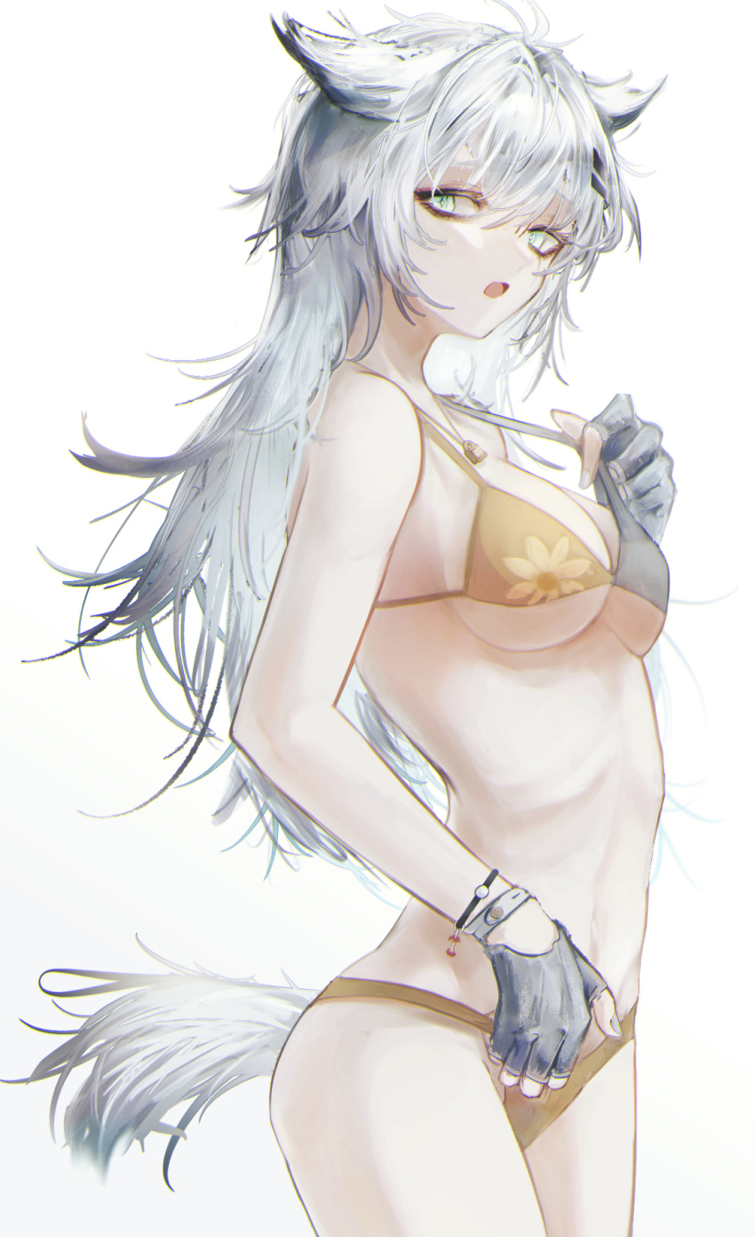 aiv animal_ears arknights bikini breasts cleavage commentary cowboy_shot female floral_print green_eyes grey_hair halterneck highres lappland_(arknights) long_hair looking_at_viewer medium_breasts navel open_mouth print_bikini solo stomach strap_lift string_bikini swimsuit tail two-tone_bikini underboob very_long_hair wolf_ears wolf_girl wolf_tail