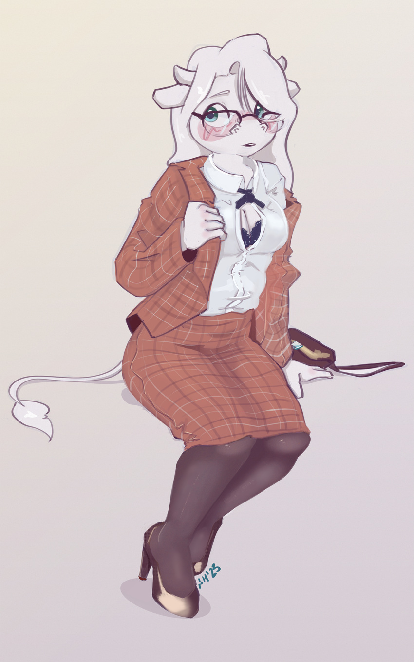 anthro betty_brown bovid bovine cattle clothing drafthoof female footwear hi_res high_heels jacket legwear mammal office_lady pantyhose solo tagme topwear