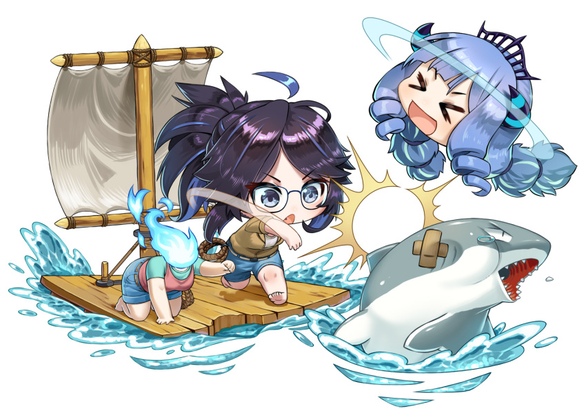 >_< 2girls :d agustinus ahoge all_fours bandaid barefoot black-framed_eyewear black_hair blue_eyes blue_fire blue_hair chibi creator_connection crossed_bandaids crown denim denim_shorts disembodied_head drill_hair drill_sidelocks dullahan fiery_hair fire glasses glowing_horns high_ponytail horns indie_virtual_youtuber kson long_hair motion_lines multicolored_hair multiple_girls open_mouth ponytail prism_project purple_hair raft raft_(game) rikudou_yura sail severed_head shark shorts sidelocks simple_background smile soles spiked_hair standing streaked_hair throwing two-tone_hair virtual_youtuber water white_background