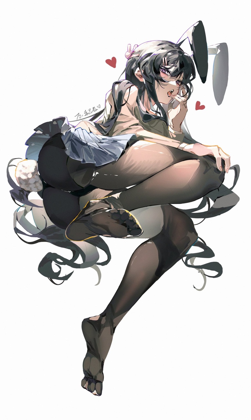 animal_ears ass ass_focus black_hair black_lips blue_skirt blush brown_pantyhose fake_animal_ears fake_tail feet female fingernails from_below grey_background hair_between_eyes hair_ornament hand_on_own_knee heart highres long_hair looking_at_viewer no_shoes open_mouth pantyhose purple_eyes rabbit_ears rabbit_hair_ornament rabbit_tail sakurajima_mai saliva saliva_trail seishun_buta_yarou simple_background skirt solo tail teeth tongue transparent z3zz4