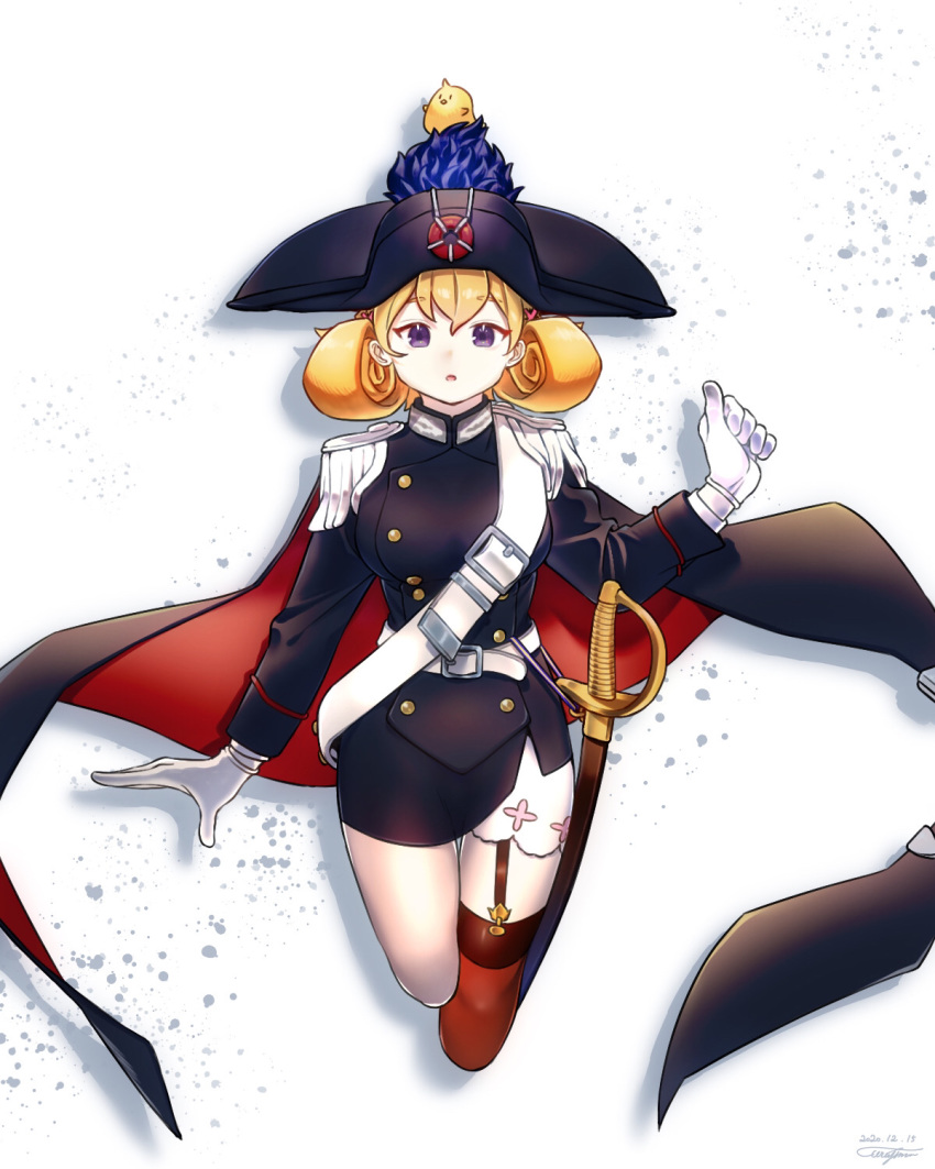 alternate_breast_size asymmetrical_legwear azur_lane belt black_cape black_skirt blonde_hair breasts buttons cape carabiniere_(azur_lane) double-breasted epaulettes female gloves highres large_breasts manjuu_(azur_lane) multicolored_cape multicolored_clothes purple_eyes red_cape red_thighhighs saber_(weapon) sheath sheathed simple_background skirt solo sword terajima_katsuyuki thighhighs two-tone_cape uneven_legwear weapon white_background white_belt white_gloves