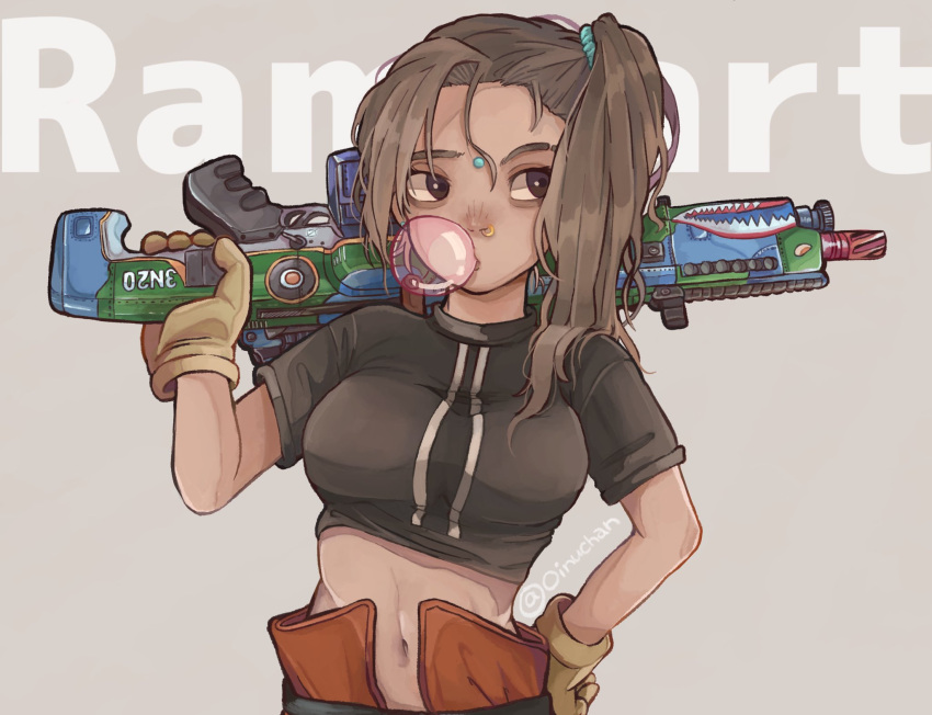 animification apex_legends black_shirt brown_eyes brown_gloves brown_hair character_name crop_top cropped_shirt dark-skinned_female dark_skin facial_mark female forehead_mark gloves grey_background gun highres holding holding_gun holding_weapon light_machine_gun m600_spitfire midriff navel nose_piercing nose_ring oinu-chan over_shoulder piercing rampart_(apex_legends) shirt side_ponytail solo twitter_username weapon weapon_over_shoulder