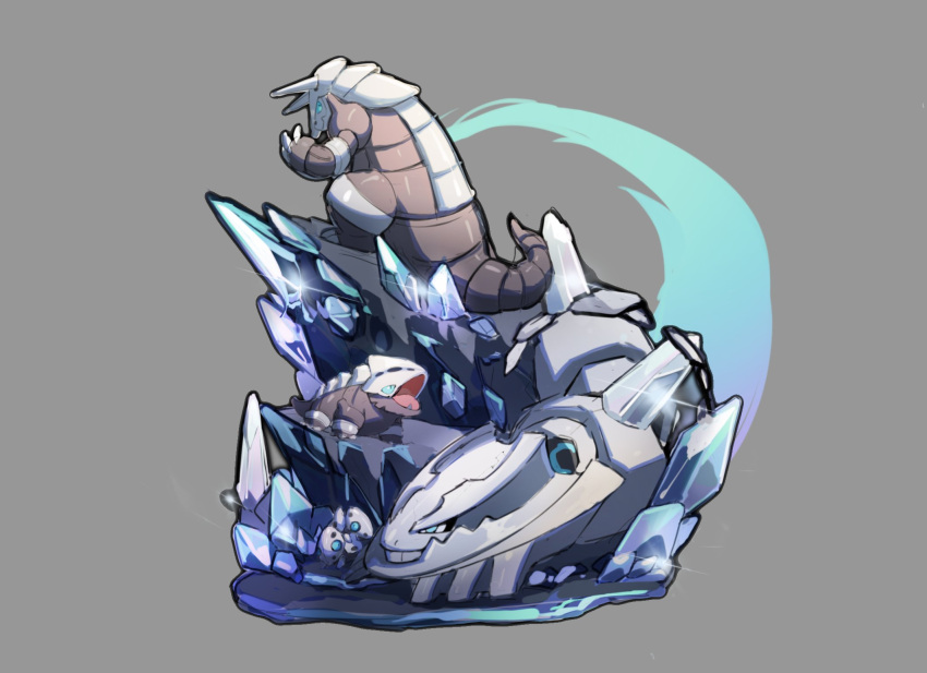 aggron aron blue_eyes claws commentary_request crystal evolutionary_line grey_background highres lairon lanjiujiu looking_back mega_pokemon mega_steelix no_humans open_mouth pokemon pokemon_(creature) shiny standing steelix teeth tongue