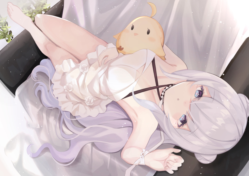 +_+ absurdres amacha azur_lane bare_shoulders barefoot blue_eyes blush breasts choker couch double_bun dress feet female flower hair_between_eyes hair_bun hair_ornament highres le_malin_(azur_lane) le_malin_(sleepy_sunday)_(azur_lane) long_hair looking_at_viewer lying manjuu_(azur_lane) medium_breasts official_alternate_costume on_back open_mouth sidelocks symbol-shaped_pupils very_long_hair white_dress white_flower white_hair