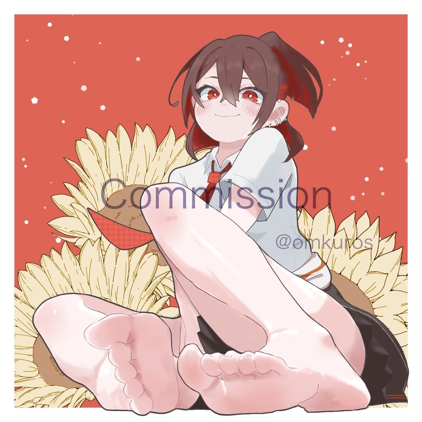 amagoe_(vtuber) bare_legs barefoot black_skirt brown_hair closed_mouth clothes_around_waist colored_inner_hair commentary_request commission commissioner_insert ear_piercing feet female flower foot_focus foreshortening hair_between_eyes highres indie_virtual_youtuber jacket jacket_around_waist knee_up legs looking_at_viewer medium_hair multicolored_hair necktie omkuros on_ground orange_background piercing pleated_skirt red_eyes red_necktie shirt short_sleeves sitting skeb_commission skirt smile soles solo sunflower thighs toenails toes twitter_username virtual_youtuber watermark white_shirt