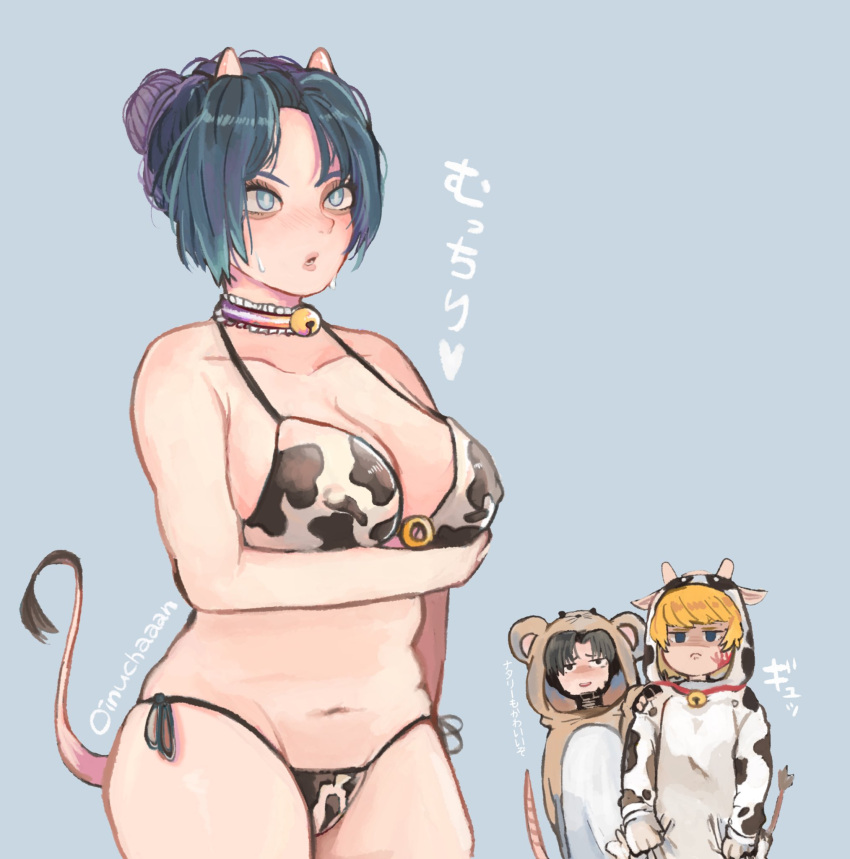 1boy 2girls :o animal_costume animal_print animification annoyed apex_legends bikini black_eyes black_gloves black_hair blonde_hair blue_background blue_eyes blue_hair blush breasts cleavage collarbone cow_costume cow_girl cow_horns cow_print cow_print_bikini cow_tail crypto_(apex_legends) gloves hand_on_another's_shoulder highres horns medium_breasts mouse_costume multiple_girls navel oinu-chan onesie open_mouth parted_hair partially_fingerless_gloves print_bikini smile sweat swimsuit tail wattson_(apex_legends) white_gloves wraith_(apex_legends)