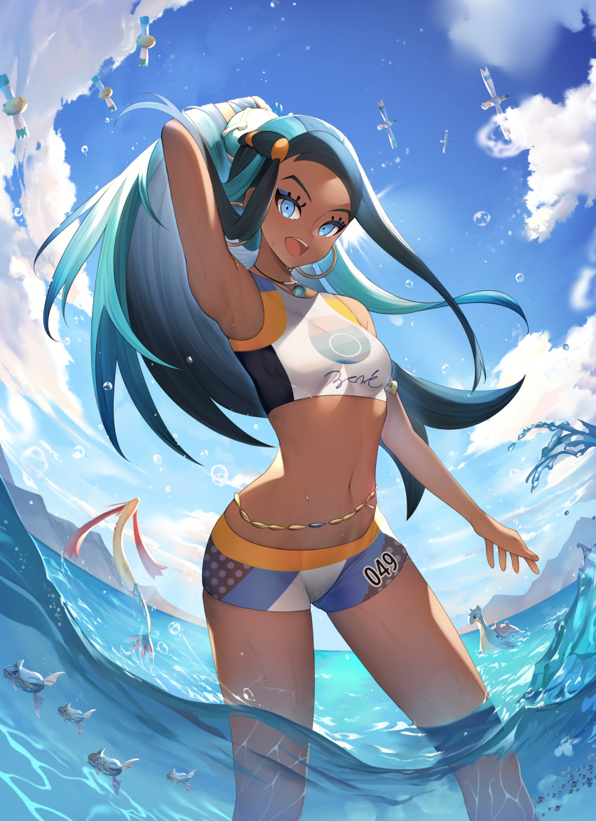 absurdres arm_behind_head arm_up armlet armpits arrow_(tamawo222) bare_shoulders belly_chain bikini black_hair blue_eyes blue_eyeshadow blue_sky breasts crop_top dark-skinned_female dark_skin day earrings eyeliner eyeshadow female fish forehead hair_bun highres hoop_earrings jewelry lapras long_hair looking_at_viewer makeup midriff milotic multicolored_hair navel necklace nessa_(pokemon) ocean octillery open_mouth outdoors pelipper pendant pokemon pokemon_(creature) pokemon_swsh remoraid single_hair_bun sky small_breasts sportswear sunlight swimsuit tankini thighs two-tone_hair wading water wingull