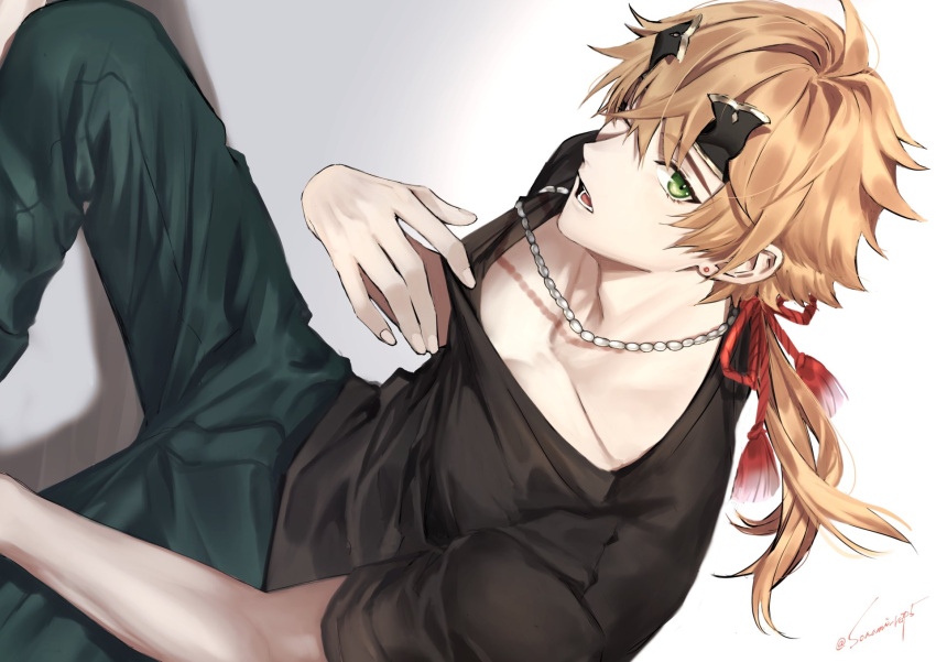 1boy bishounen black_shirt blonde_hair ear_piercing fake_horns genshin_impact green_eyes hair_between_eyes headband highres horned_headwear horns jewelry long_hair looking_at_viewer male_focus necklace one_eye_closed open_mouth pants piercing ponytail red_rope rope shirt simple_background solo sonomi thoma_(genshin_impact) twitter_username