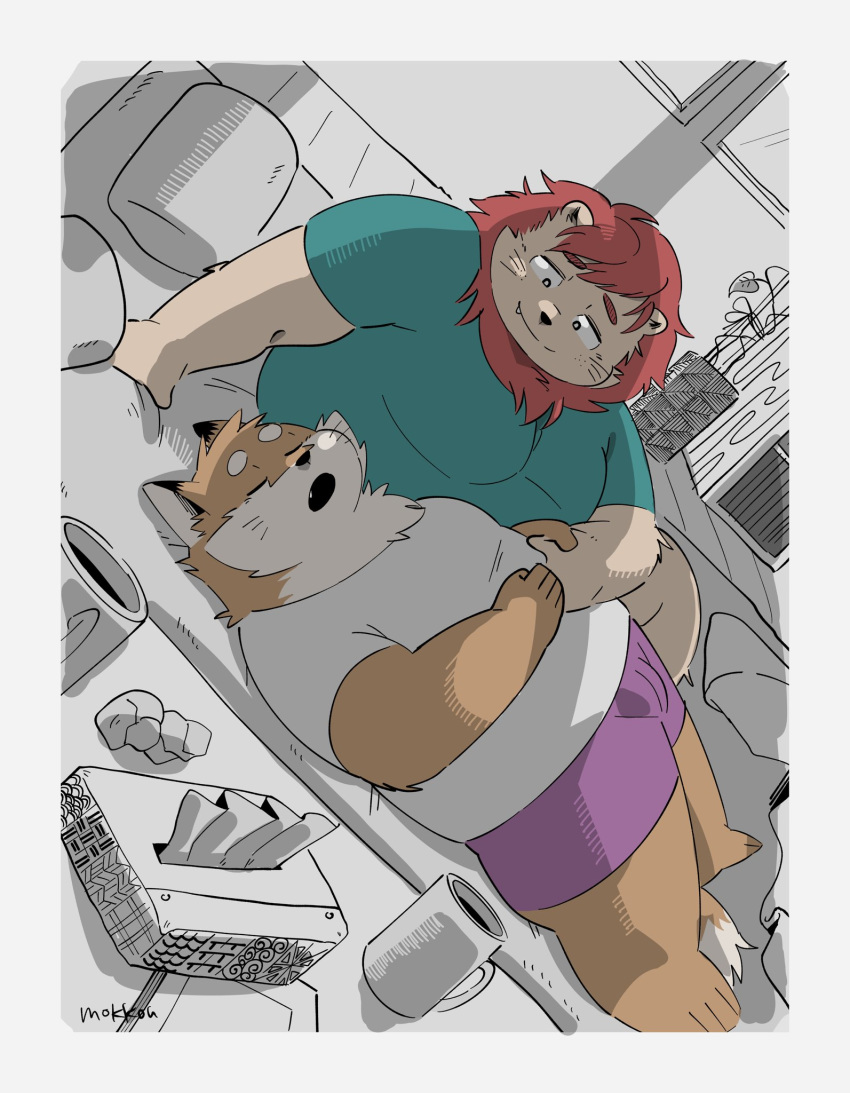 2020 anthro bed belly bulge canid canine closed_eyes clothing detailed_background duo felid furniture hand_holding hi_res humanoid_hands kemono lion lying male male/male mammal overweight overweight_male pantherine pillow shirt sitting sleeping topwear underwear uokkom