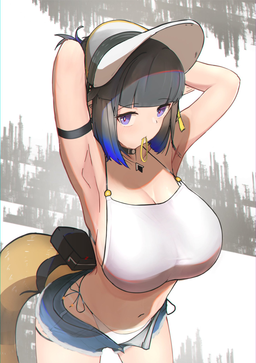 alternate_costume aoi_mochio arknights arm_strap arm_up armpits arms_behind_back bikini black_hair blue_eyes blue_hair blue_shorts blunt_bangs breasts bright_pupils cleavage collarbone cowboy_shot eunectes_(arknights) female gradient_hair hair_tie hair_tie_in_mouth hat highres huge_breasts jewelry leaning_forward looking_at_viewer mouth_hold multicolored_hair navel necklace open_clothes open_fly open_shorts pointy_ears pouch short_hair shorts snake_tail solo swimsuit tail two-tone_background white_bikini white_hat