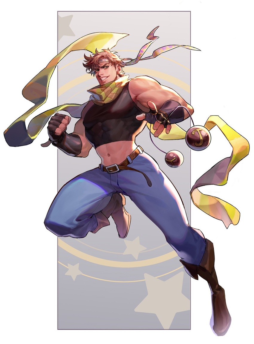 1boy abs atiti_(ttttt945) bare_shoulders battle_tendency belt black_gloves blue_pants bola_(weapon) boots broad_shoulders brown_footwear brown_hair clacker clenched_hand crop_top denim full_body gloves green_eyes grin headband highres jeans jojo_no_kimyou_na_bouken joseph_joestar joseph_joestar_(young) knee_boots large_pectorals leg_up male_focus midriff multicolored_clothes multicolored_scarf muscular muscular_male narrow_waist navel pants pectorals scarf short_hair skin_tight smile solo star_(symbol) striped_clothes striped_scarf tight_top triangle_print