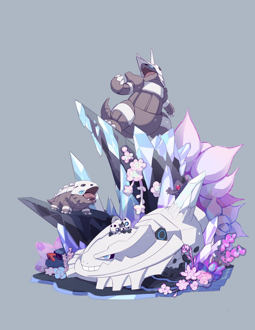 >_< aggron aron blue_eyes claws commentary_request crystal evolutionary_line flower grey_background highres lairon lanjiujiu looking_up mega_pokemon mega_steelix no_humans nosepass oerba_yun_fang on_head open_mouth pink_flower pokemon pokemon_(creature) pokemon_on_head sableye standing steelix teeth tongue